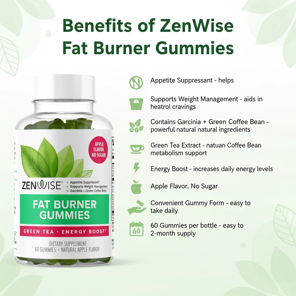 Zenwise Health Fat Burner Gummies - Appetite Suppressant for Weight Loss with Green Tea Extract and Garcinia Cambogia for Metabolism + Green Coffee Bean and Raspberry Ketone - 60 Count Apple Gummies