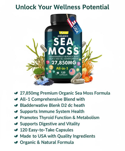 120 Sea Moss Capsule (2x more than competitors) Complex with Sea Moss Black Seed Oil Aşhwagandha Ginger & Vitamins C D3-120 CapsulesSuperfood Supplements - Advanced Seamoss Pills Wild Sea Moss Pills Made in USA