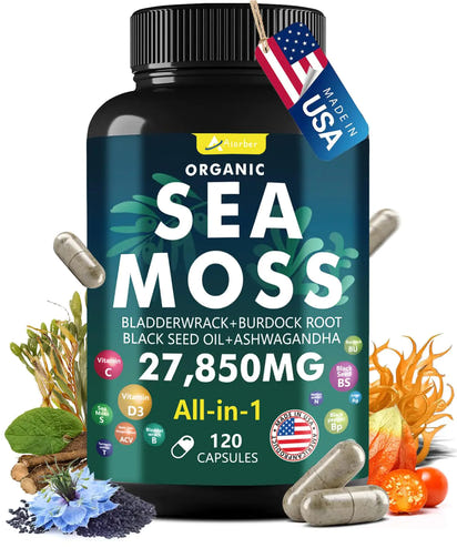 120 Sea Moss Capsule (2x more than competitors) Complex with Sea Moss Black Seed Oil Aşhwagandha Ginger & Vitamins C D3-120 CapsulesSuperfood Supplements - Advanced Seamoss Pills Wild Sea Moss Pills Made in USA