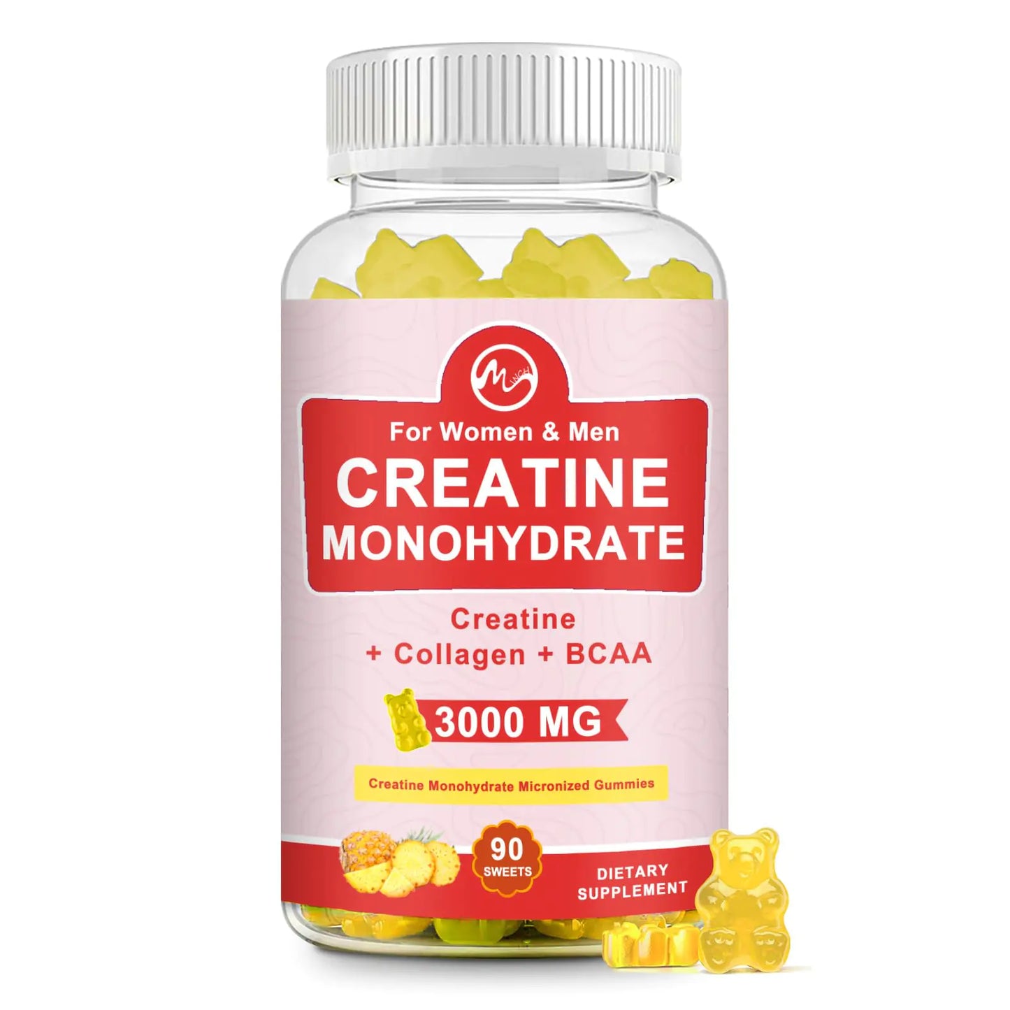 Creatine Monohydrate Gummy Sugar Free Chewable Creatine Supplements for Men & Women Creatine Gummy Gains for Building Muscle Energy Pre Workout Pineapple Flavored